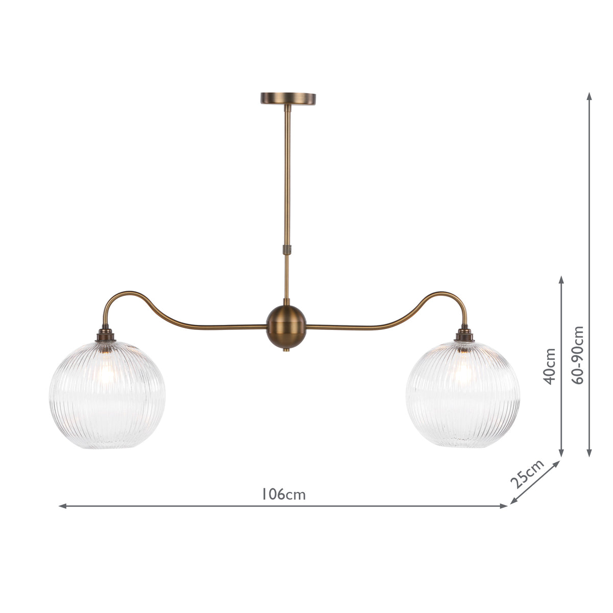 Dar Caliro 2 Light Bar Pendant Antique Bronze with Ribbed Globe Glasses