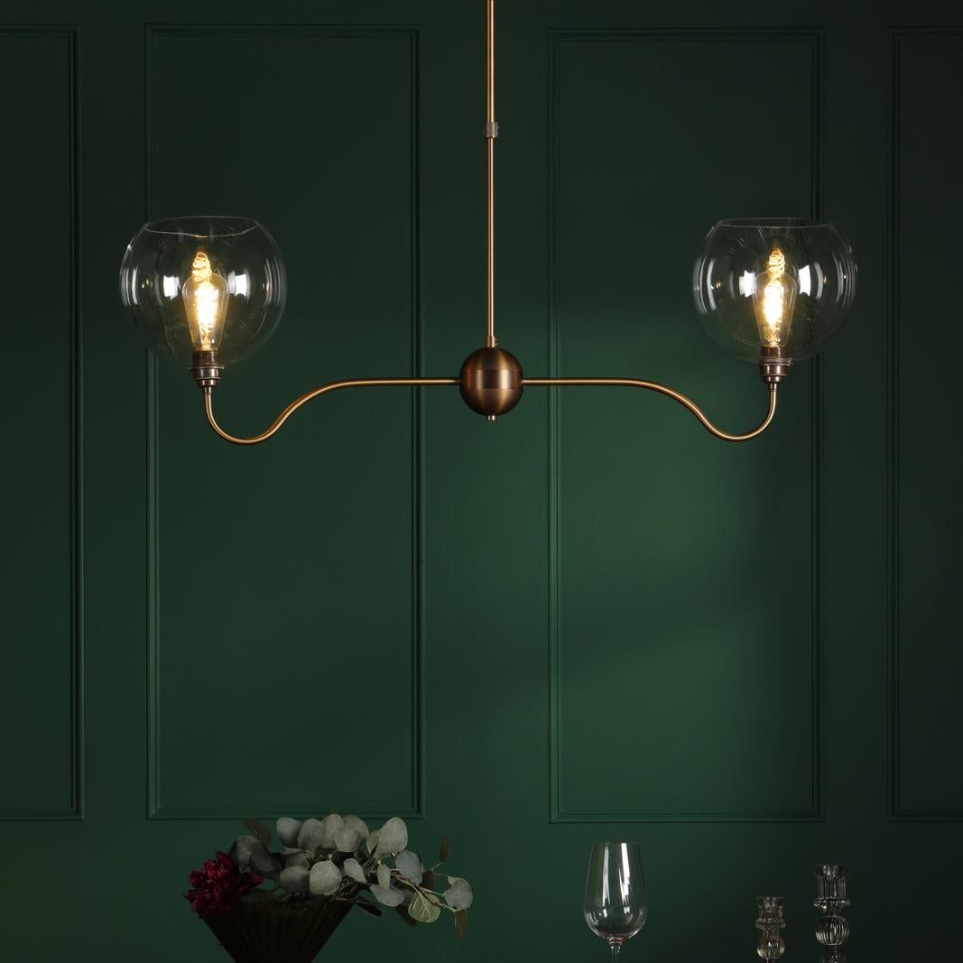Dar Caliro 2 Light Bar Pendant Antique Bronze with Globe Glasses