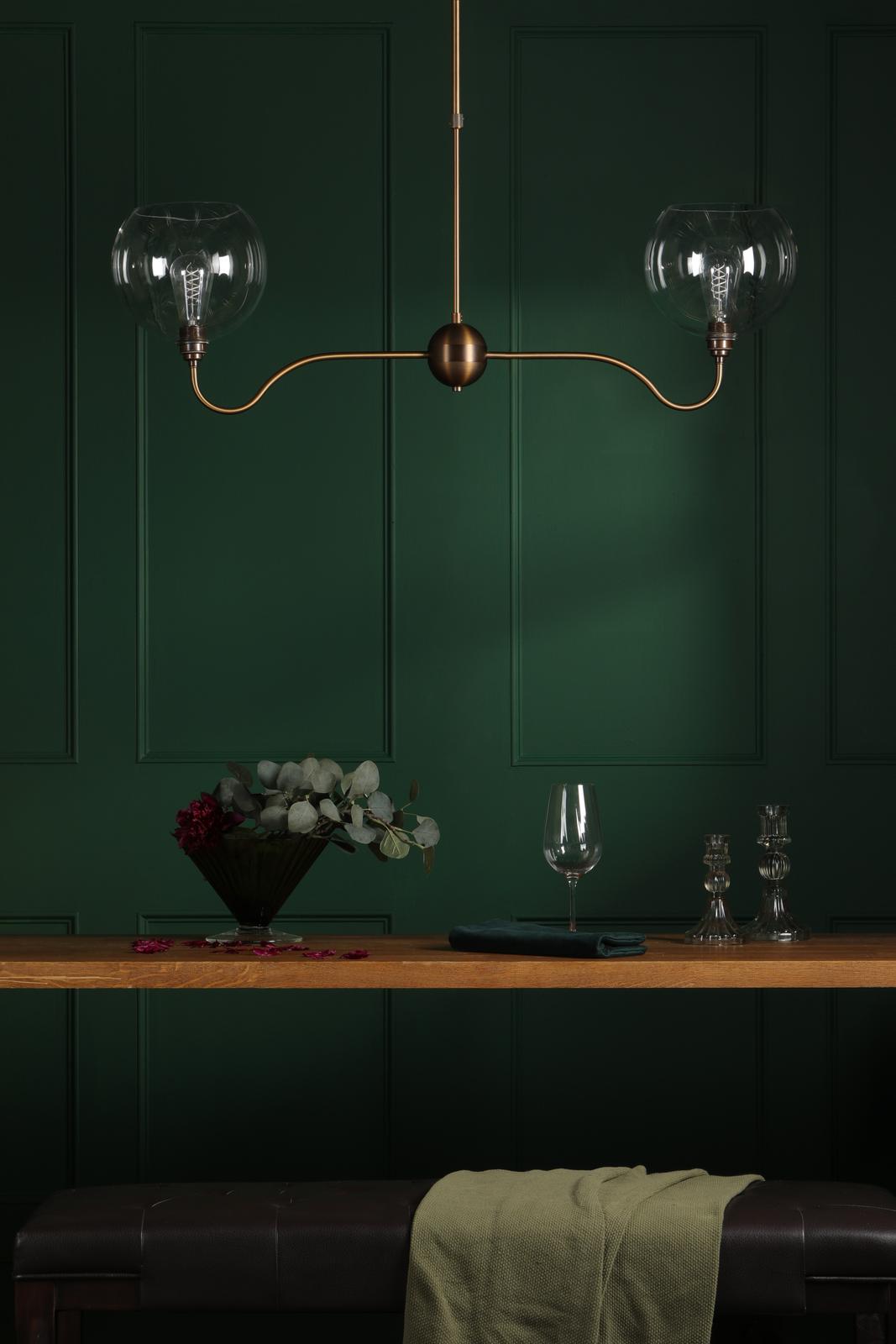 Dar Caliro 2 Light Bar Pendant Antique Bronze with Globe Glasses