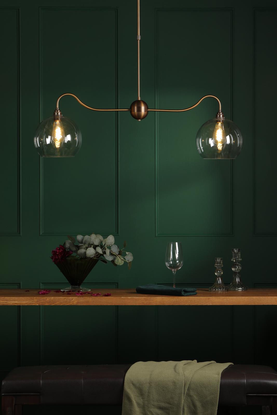 Dar Caliro 2 Light Bar Pendant Antique Bronze with Globe Glasses
