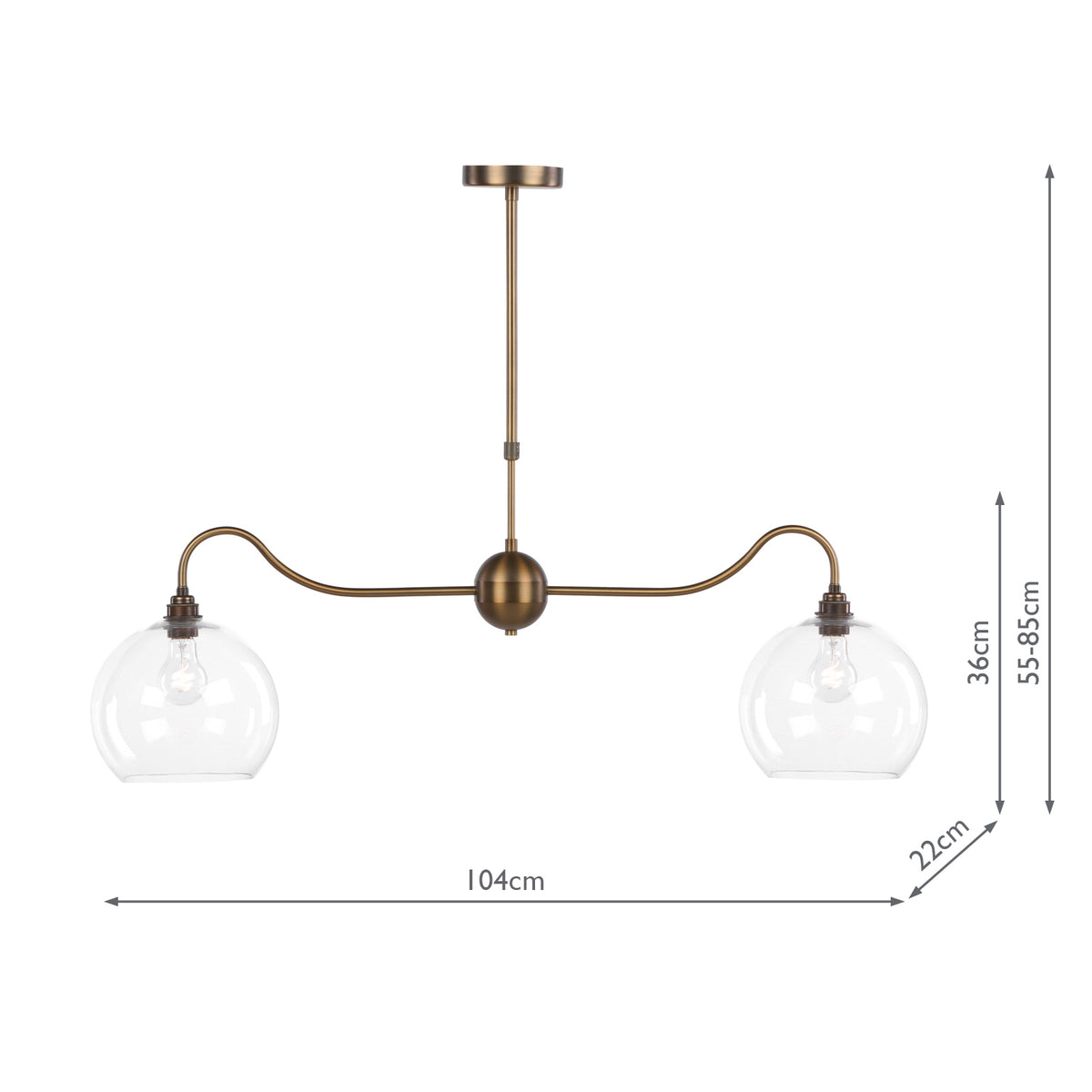 Dar Caliro 2 Light Bar Pendant Antique Bronze with Globe Glasses