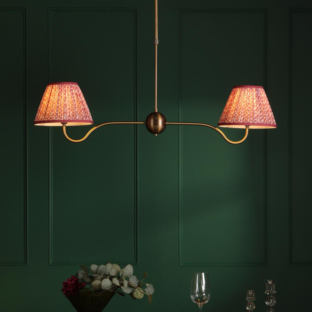 Dar Caliro 2 Light Bar Pendant Antique Bronze with Red Leaf Print Pleated Shades