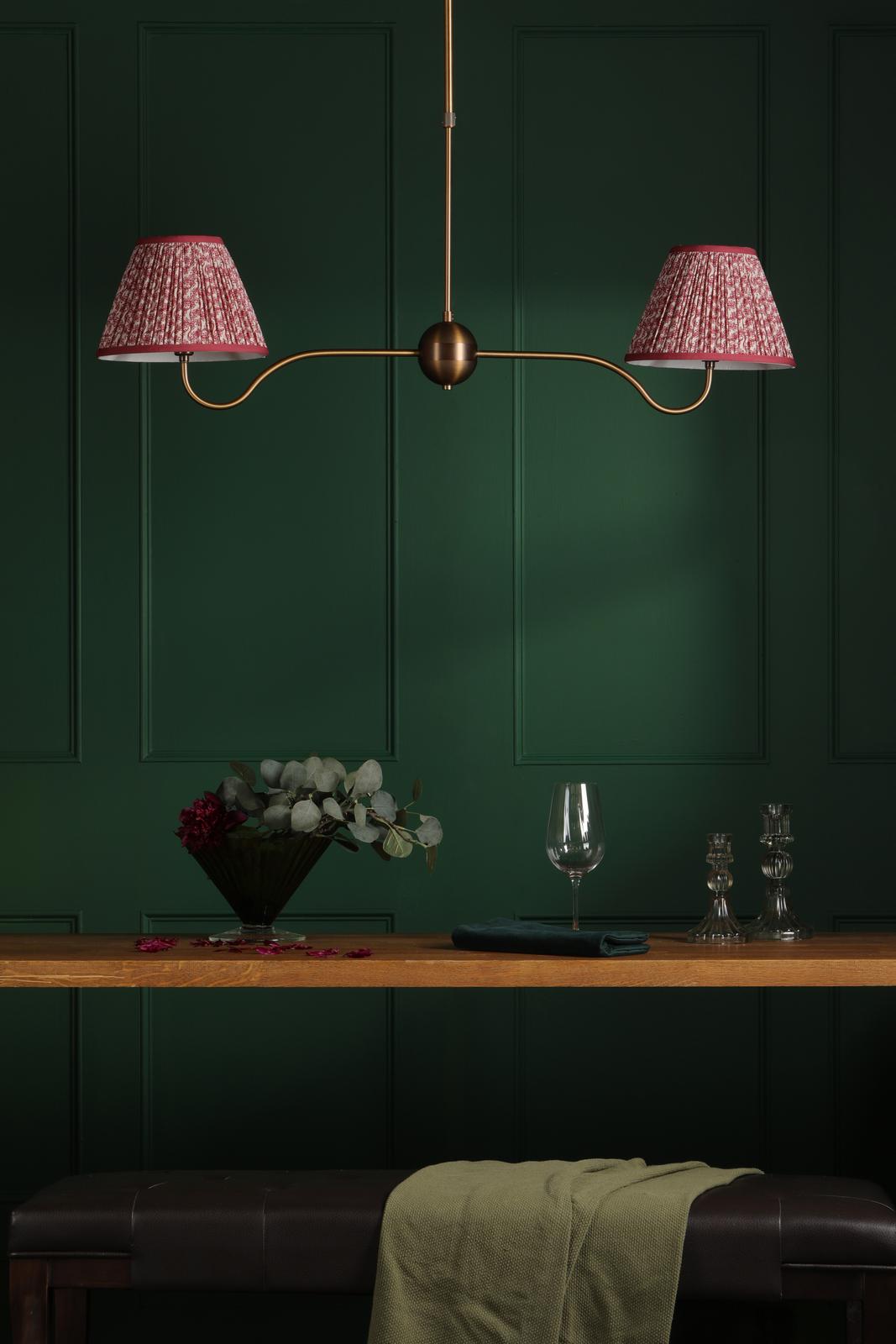 Dar Caliro 2 Light Bar Pendant Antique Bronze with Red Leaf Print Pleated Shades