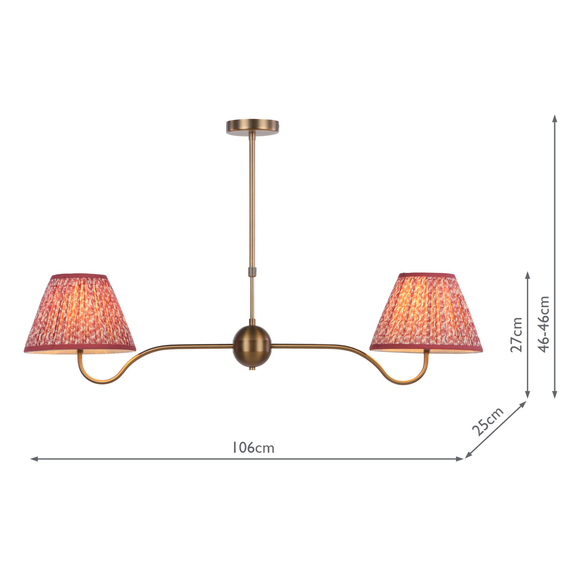 Dar Caliro 2 Light Bar Pendant Antique Bronze with Red Leaf Print Pleated Shades