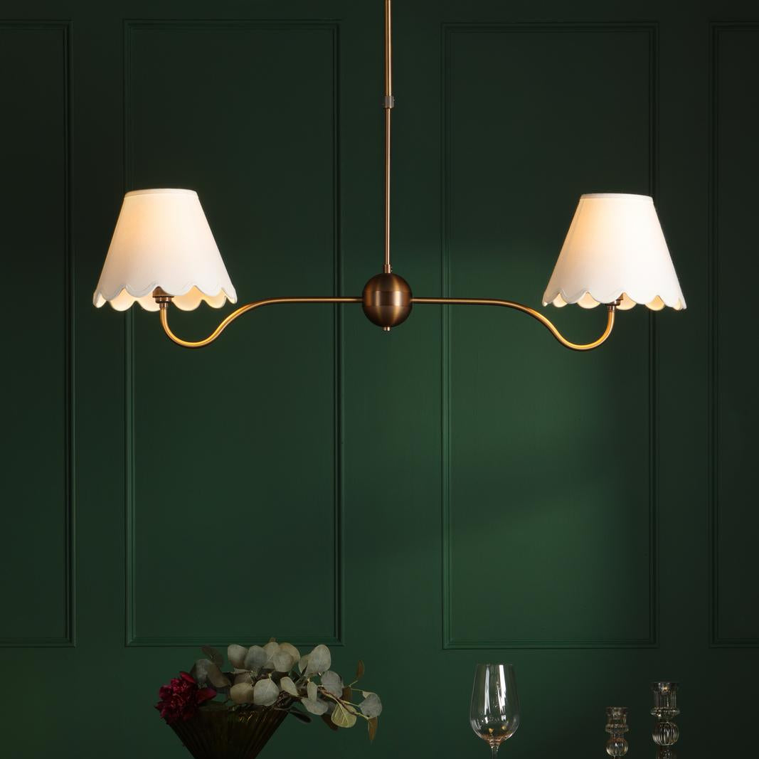 Dar Caliro 2 Light Bar Pendant Antique Bronze with Ivory scalloped shades