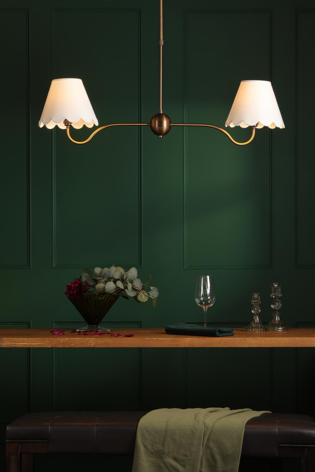Dar Caliro 2 Light Bar Pendant Antique Bronze with Ivory scalloped shades
