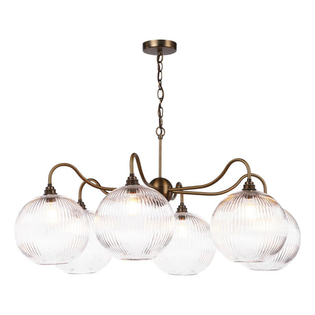 Dar Caliro 6 Light Pendant Antique Bronze with Ribbed Glass Globe Shades