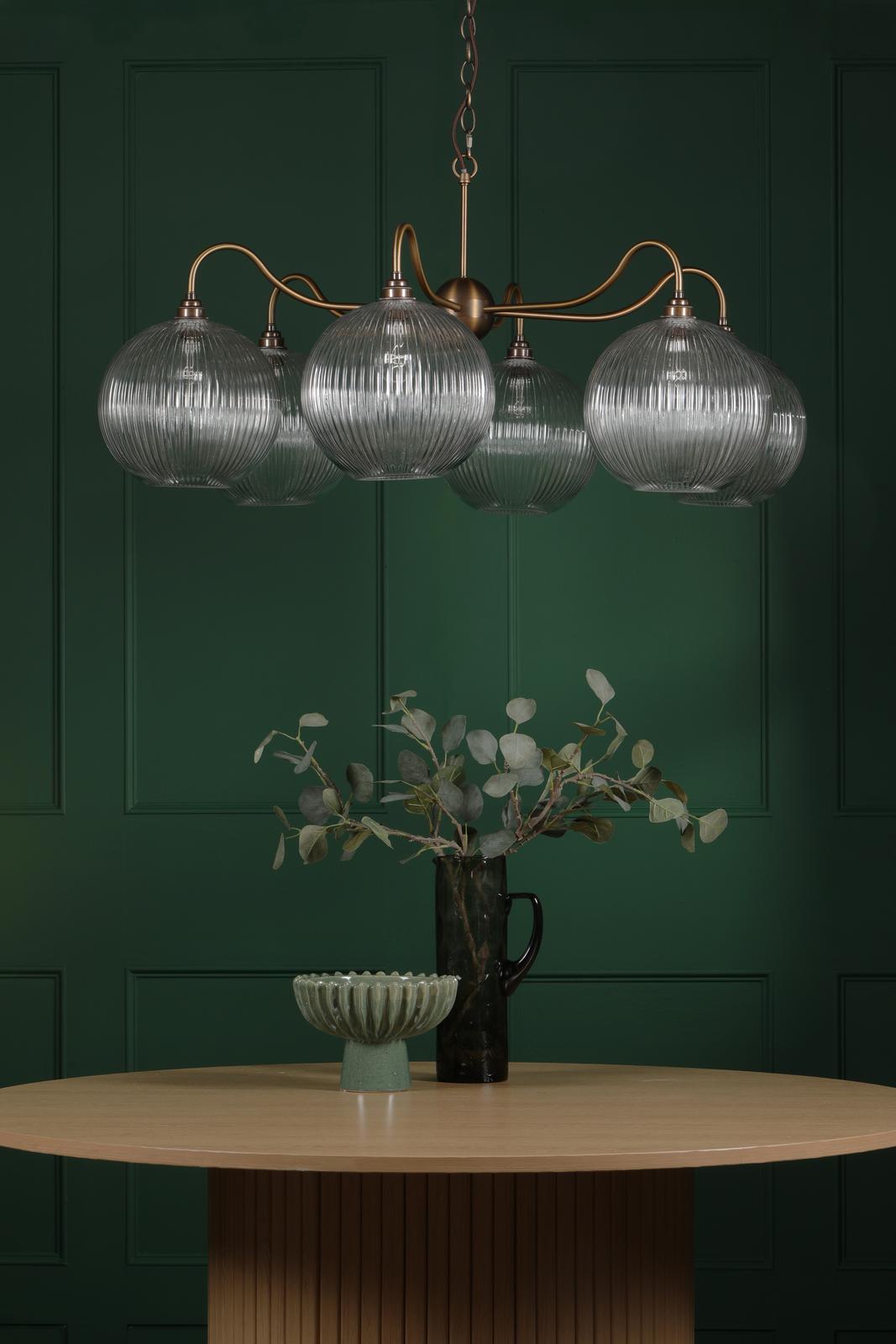 Dar Caliro 6 Light Pendant Antique Bronze with Ribbed Glass Globe Shades