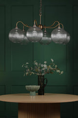 Dar Caliro 6 Light Pendant Antique Bronze with Ribbed Glass Globe Shades