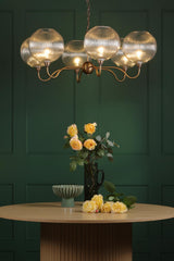 Dar Caliro 6 Light Pendant Antique Bronze with Ribbed Glass Globe Shades