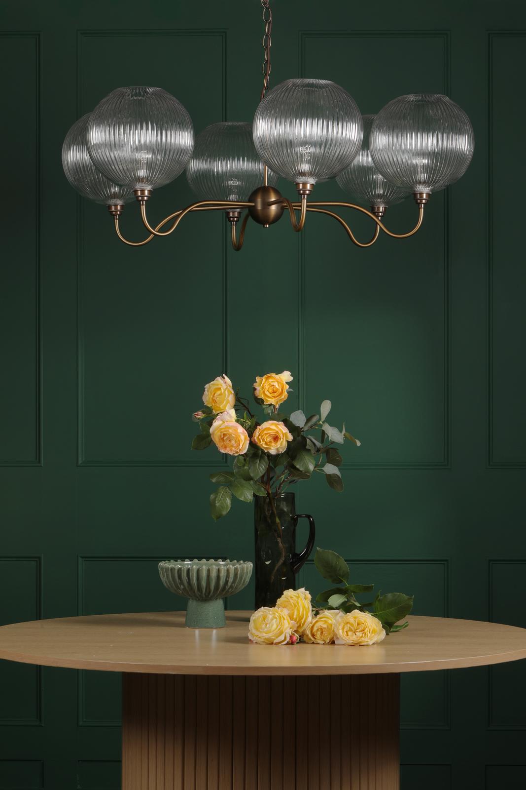 Dar Caliro 6 Light Pendant Antique Bronze with Ribbed Glass Globe Shades