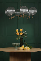 Dar Caliro 6 Light Pendant Antique Bronze with Ribbed Glass Globe Shades