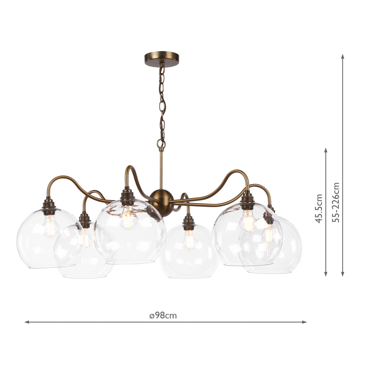 Dar Caliro 6 Light Pendant Antique Bronze with Large Globe Glass Shades