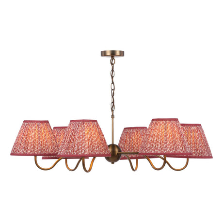 Dar Caliro 6 Light Pendant Antique Bronze with Red Leaf Print Pleated Shades