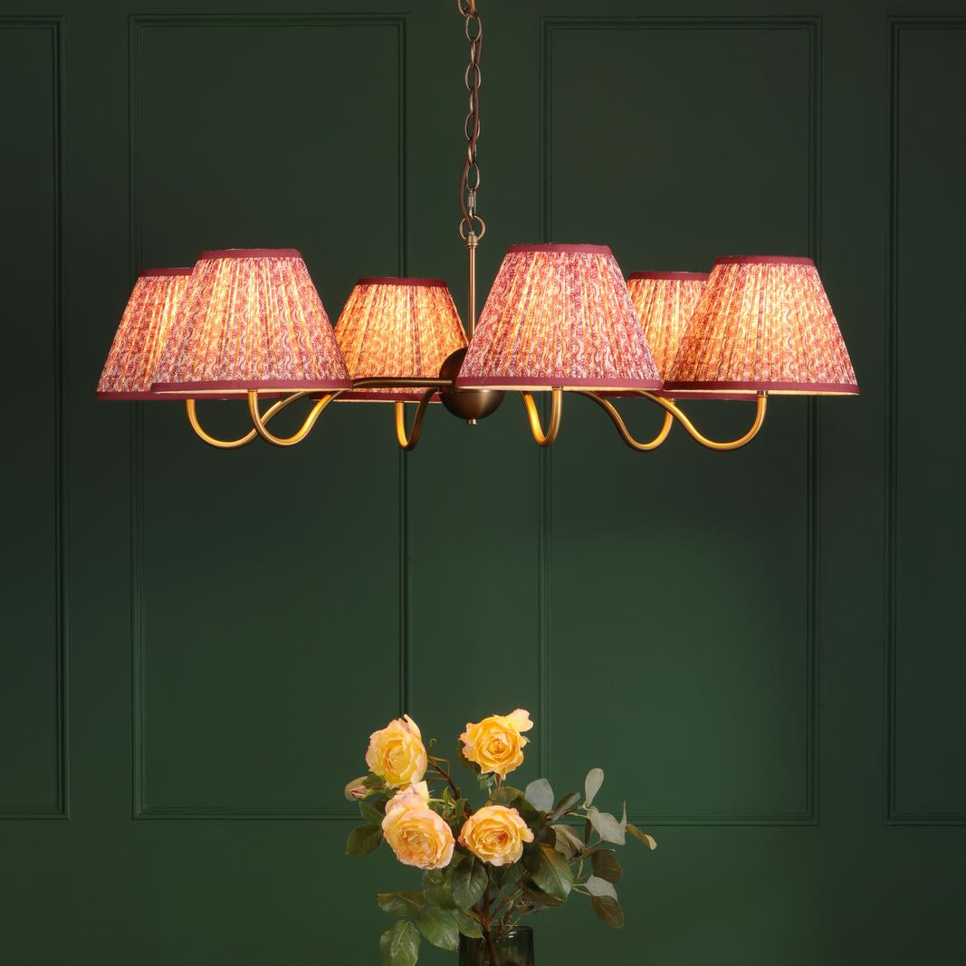 Dar Caliro 6 Light Pendant Antique Bronze with Red Leaf Print Pleated Shades