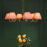 Dar Caliro 6 Light Pendant Antique Bronze with Red Leaf Print Pleated Shades
