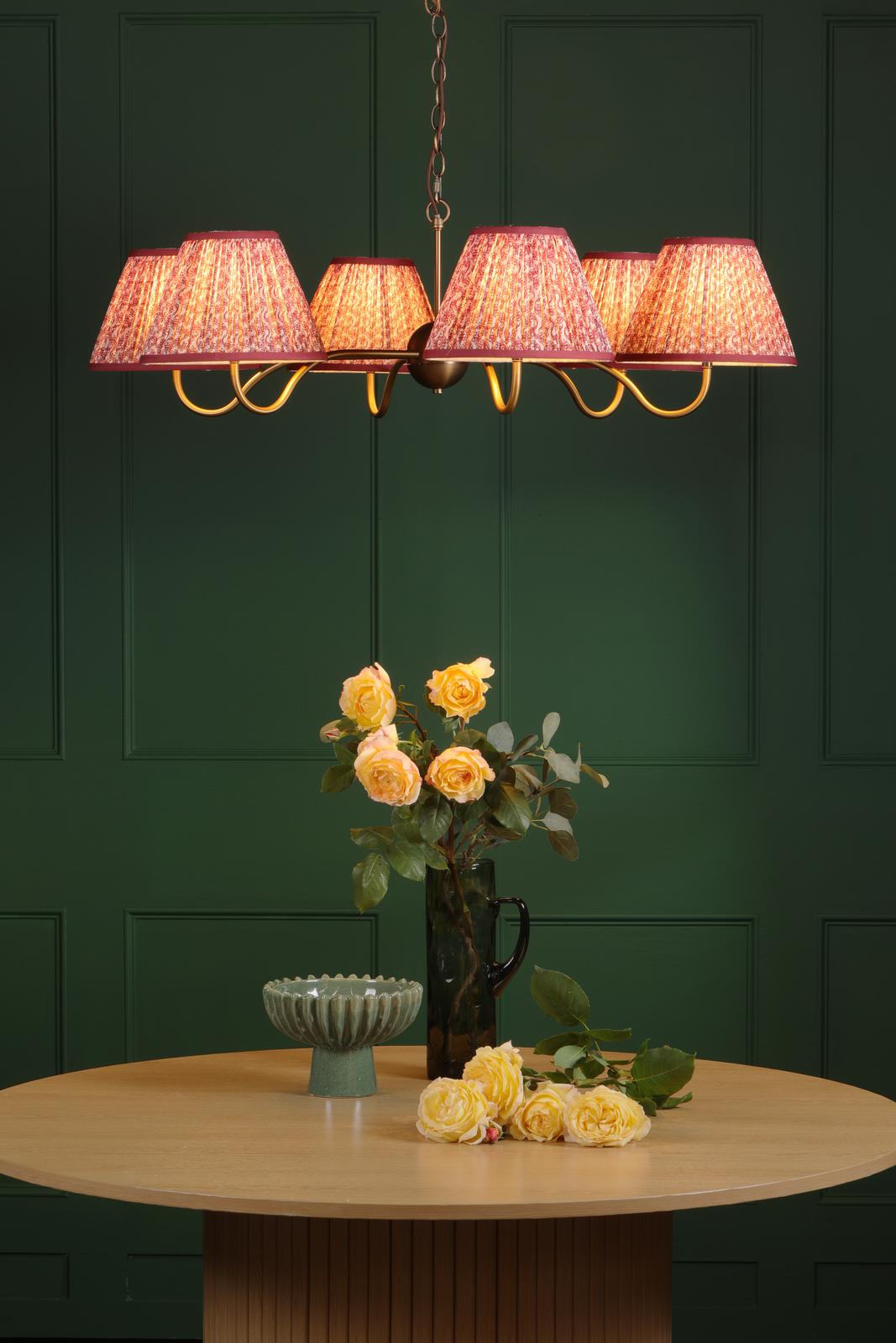 Dar Caliro 6 Light Pendant Antique Bronze with Red Leaf Print Pleated Shades