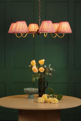 Dar Caliro 6 Light Pendant Antique Bronze with Red Leaf Print Pleated Shades