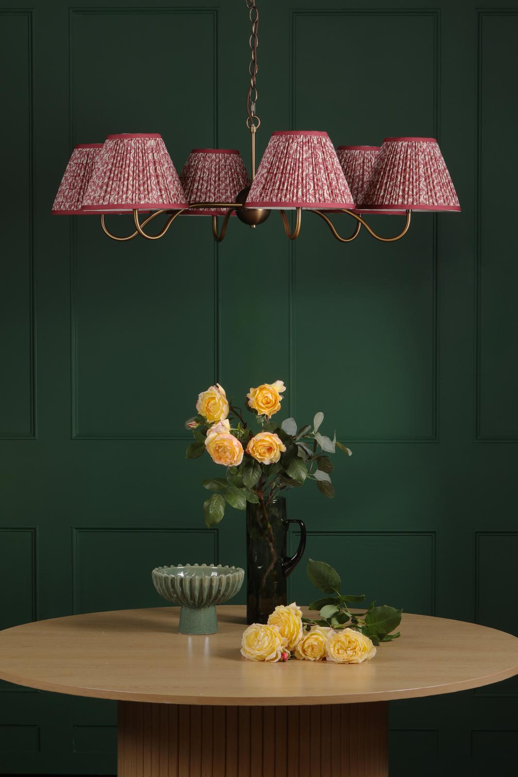 Dar Caliro 6 Light Pendant Antique Bronze with Red Leaf Print Pleated Shades