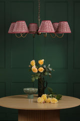 Dar Caliro 6 Light Pendant Antique Bronze with Red Leaf Print Pleated Shades