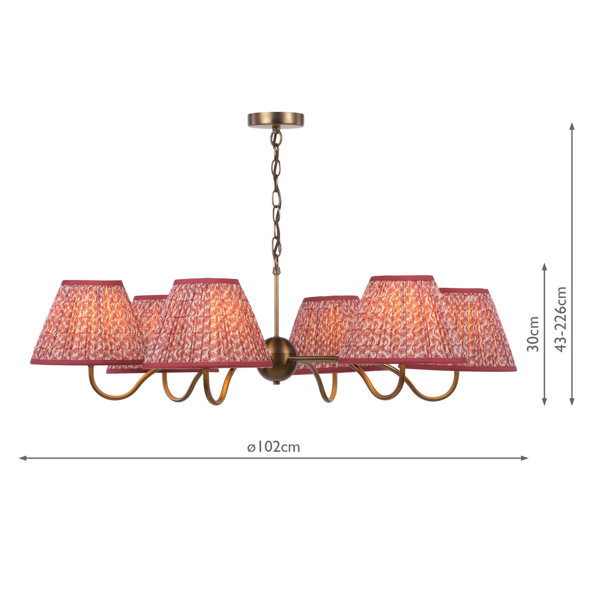Dar Caliro 6 Light Pendant Antique Bronze with Red Leaf Print Pleated Shades
