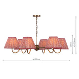 Dar Caliro 6 Light Pendant Antique Bronze with Red Leaf Print Pleated Shades