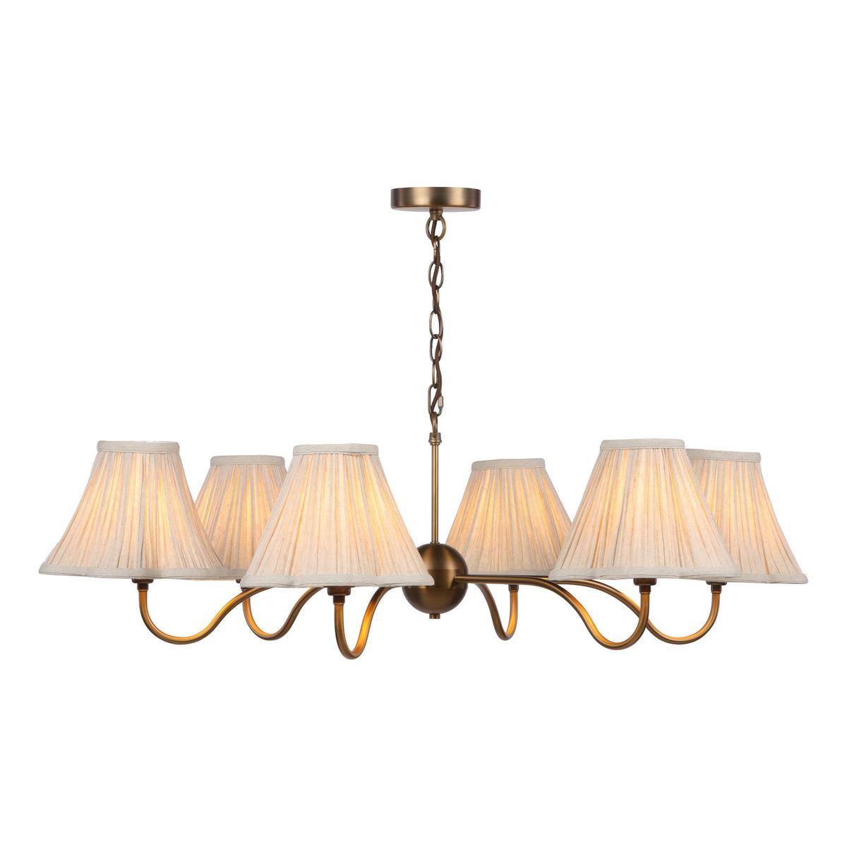 Dar Caliro 6 Light Pendant Antique Bronze with Taupe Pleated Scallop Shades