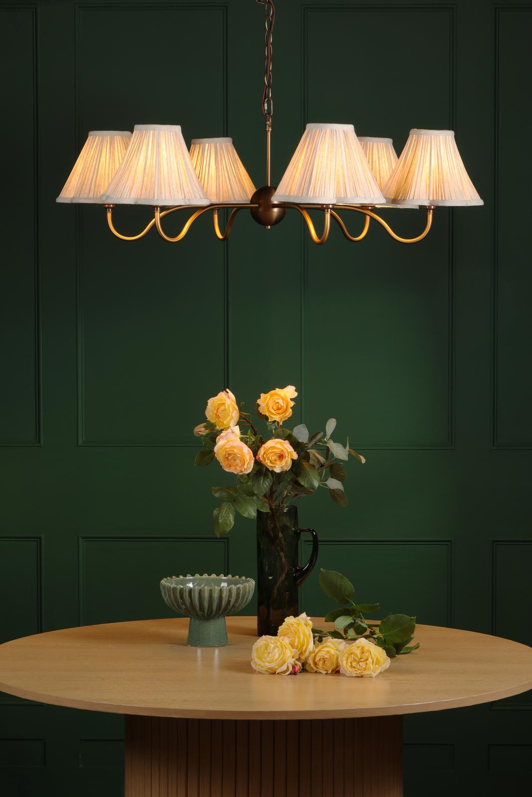 Dar Caliro 6 Light Pendant Antique Bronze with Taupe Pleated Scallop Shades