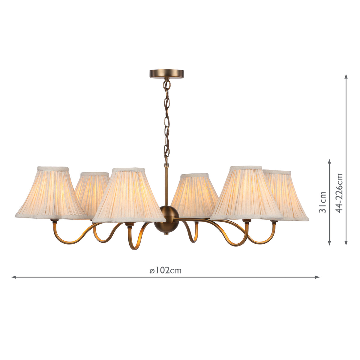 Dar Caliro 6 Light Pendant Antique Bronze with Taupe Pleated Scallop Shades