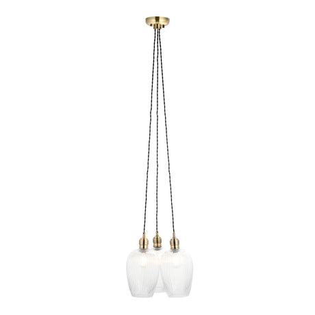 Amos Lucid Antique Brass & Clear Ribbed Glass 3 Light Cluster