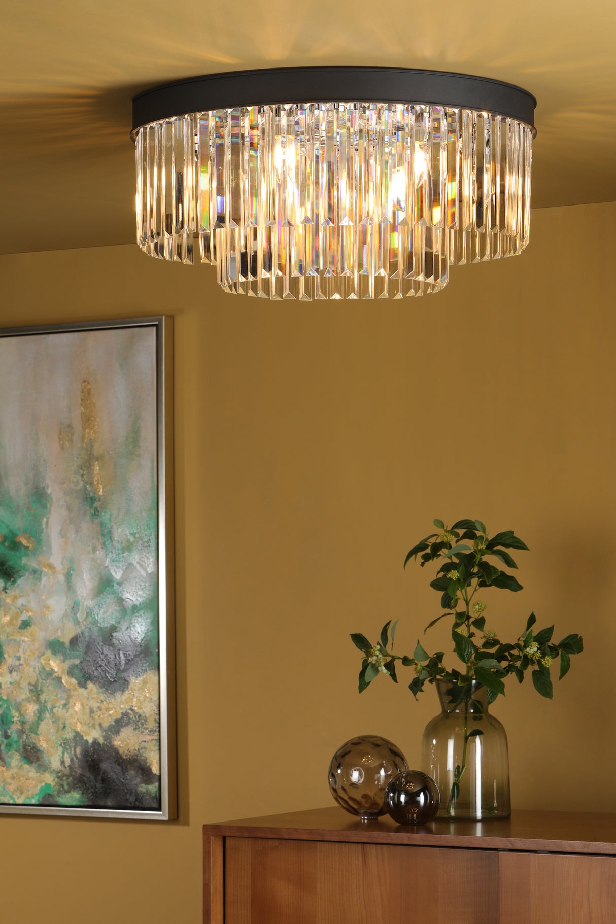 Dar Celeus 6 Light Flush Chandelier Anthracite & Crystal