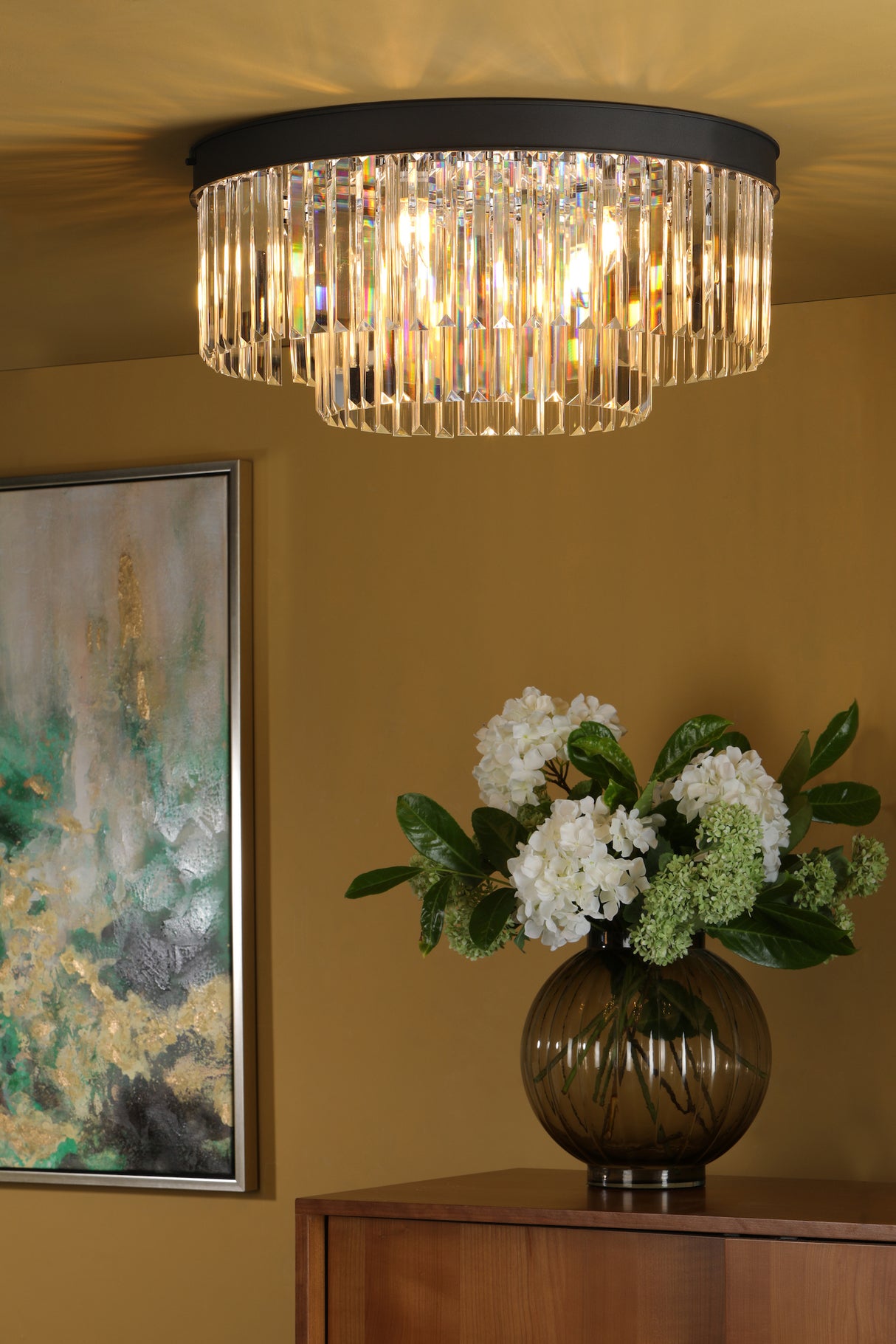 Dar Celeus 6 Light Flush Chandelier Anthracite & Crystal