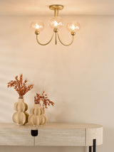 Dar Cognac 3 Light Semi-Flush Satin Gold and Champagne Ribbed Glass