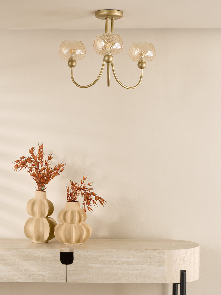 Dar Cognac 3 Light Semi-Flush Satin Gold and Champagne Ribbed Glass