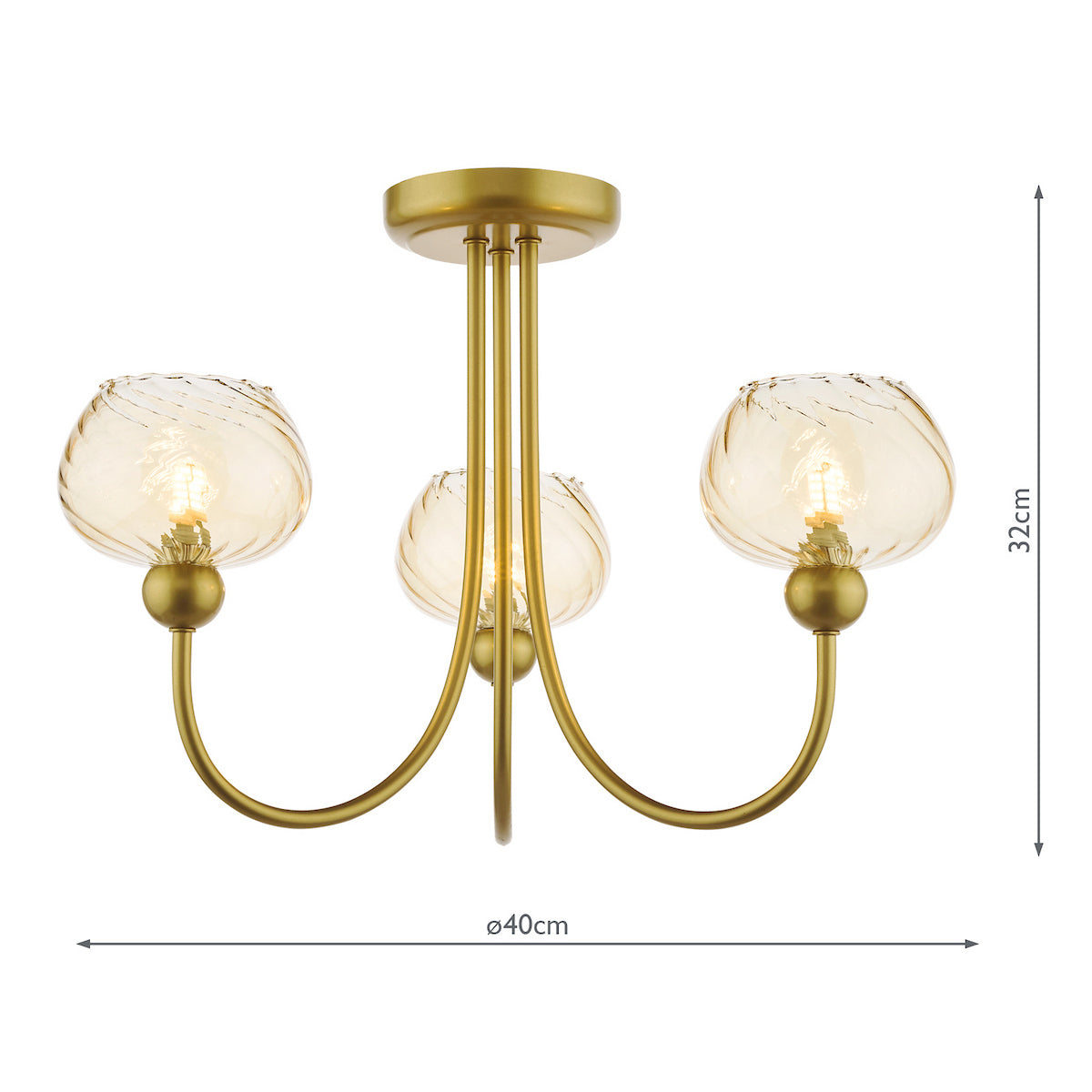 Dar Cognac 3 Light Semi-Flush Satin Gold and Champagne Ribbed Glass
