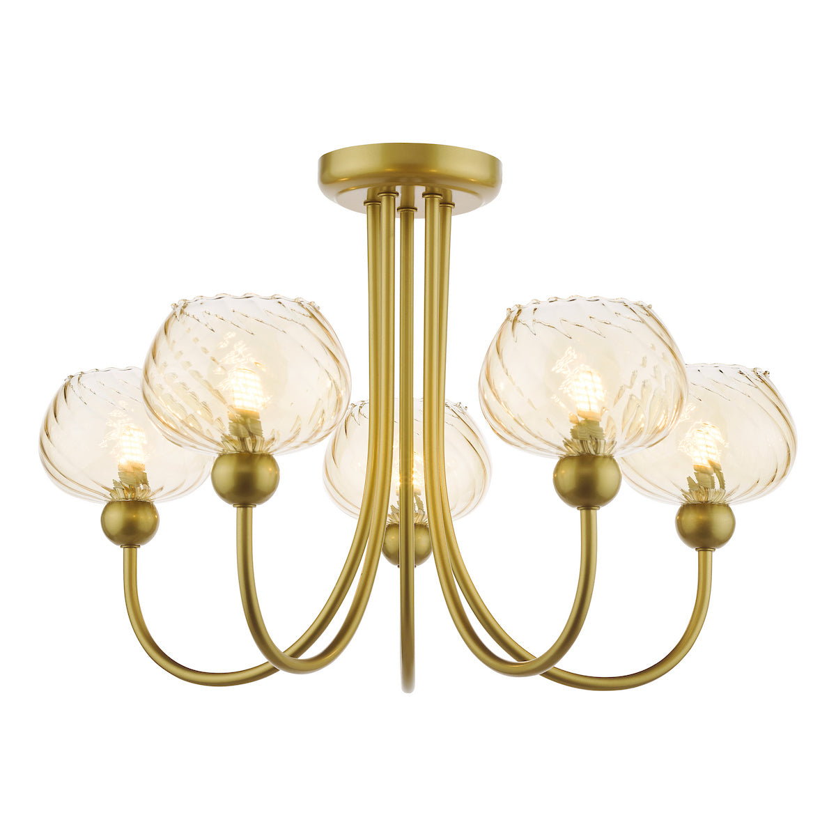 Dar Cognac 5 Light Semi-Flush Satin Gold and Champagne Ribbed Glass