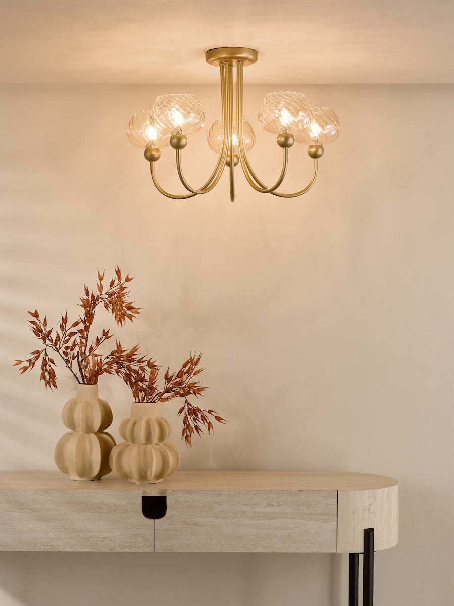 Dar Cognac 5 Light Semi-Flush Satin Gold and Champagne Ribbed Glass