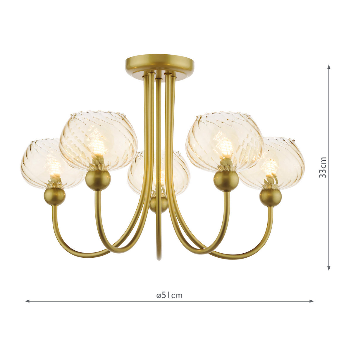 Dar Cognac 5 Light Semi-Flush Satin Gold and Champagne Ribbed Glass