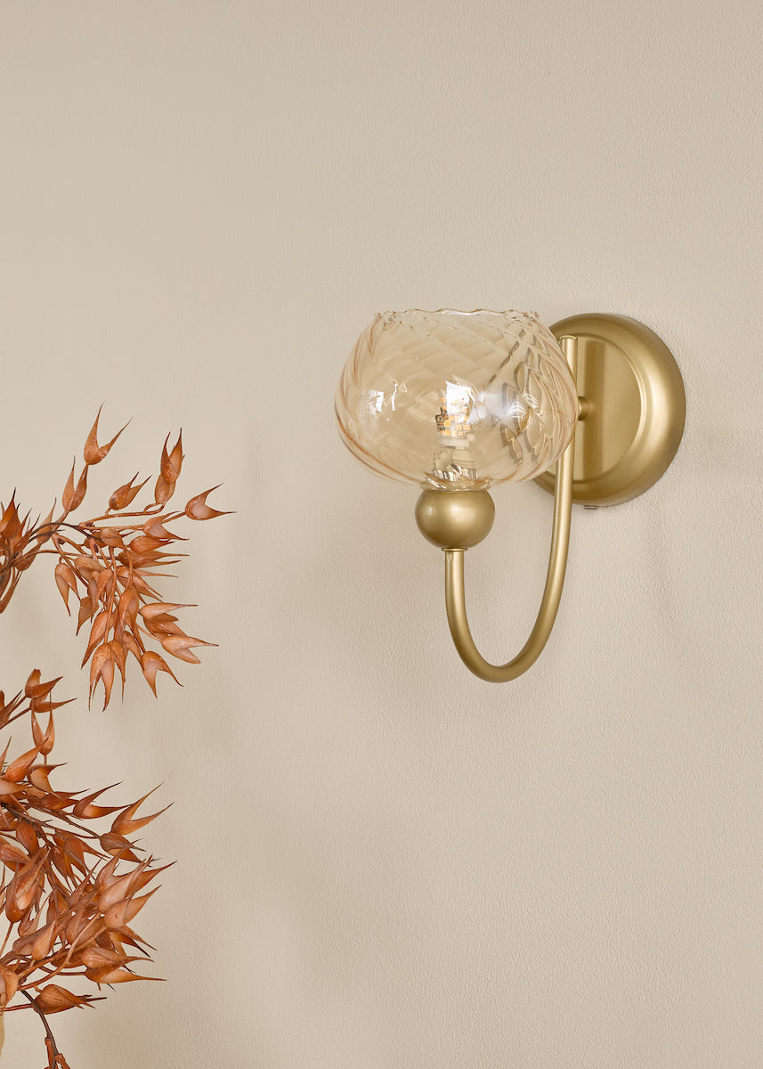 Dar Cognac Wall Light Satin Gold and Champagne Ribbed Glass