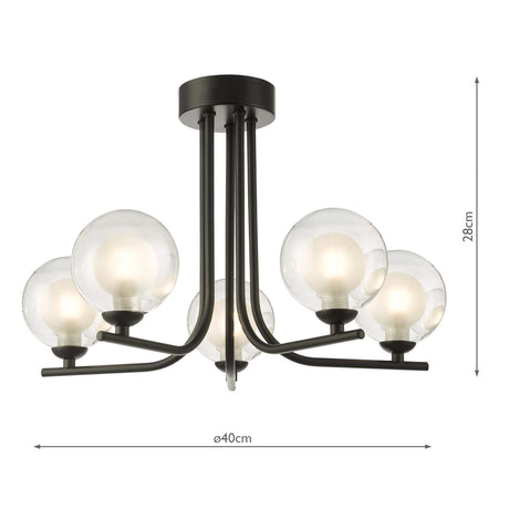 Dar Cradle 5 Light Semi-Flush Satin Black and Opal Glass