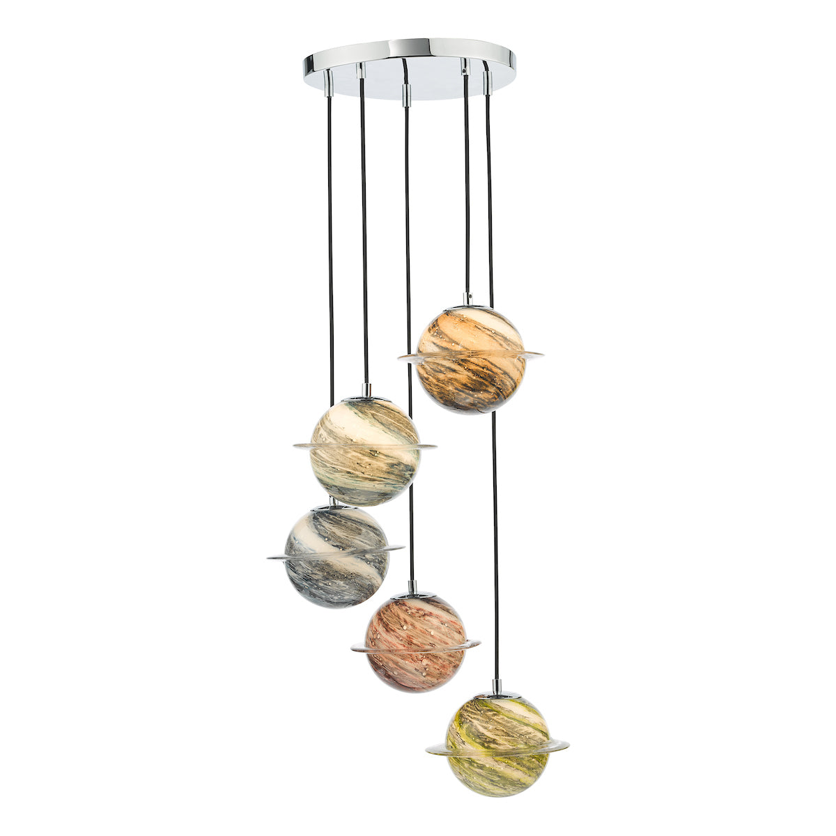 Dar Cygnus 5 Light Cluster Pendant Polished Chrome and Planet Style Glass –  from Amos Lighting + Home