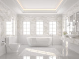 Bright modern bathroom with freestanding white tub, marble walls, double sinks, and fluffy rug