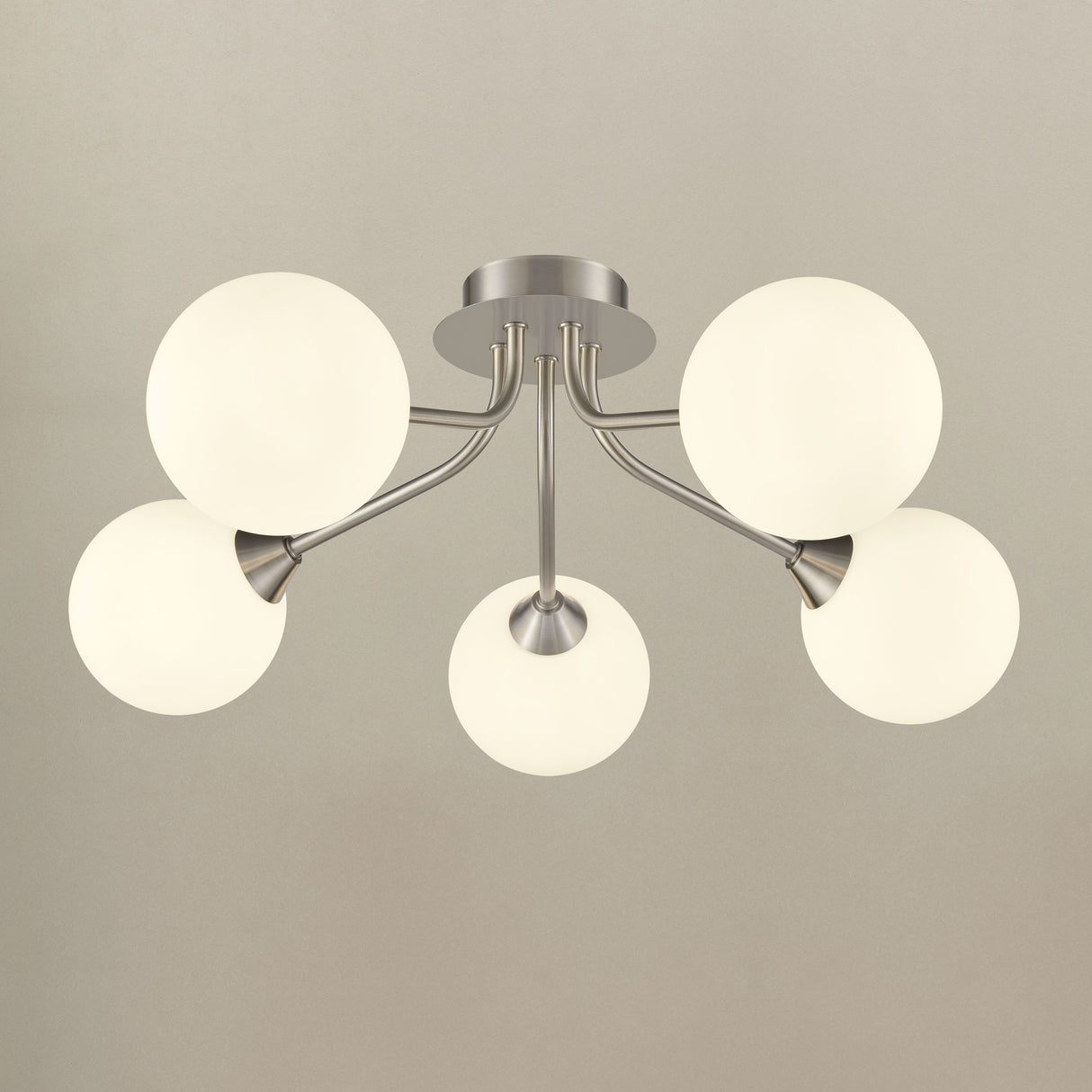 Franklite Cosmic 5 light fitting in satin nickel with matt opal glass