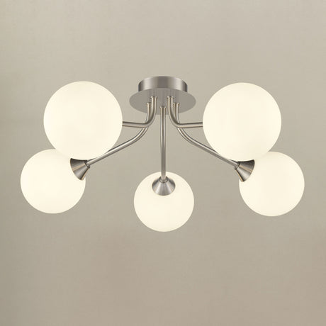 Franklite Cosmic 5 light fitting in satin nickel with matt opal glass