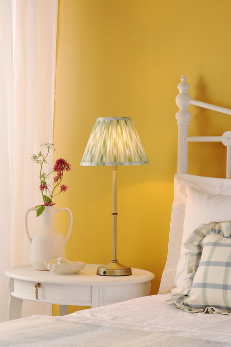 Dar Dahl Rechargeable LED Table Lamp Matt Antique Brass With Green Ikat Shade