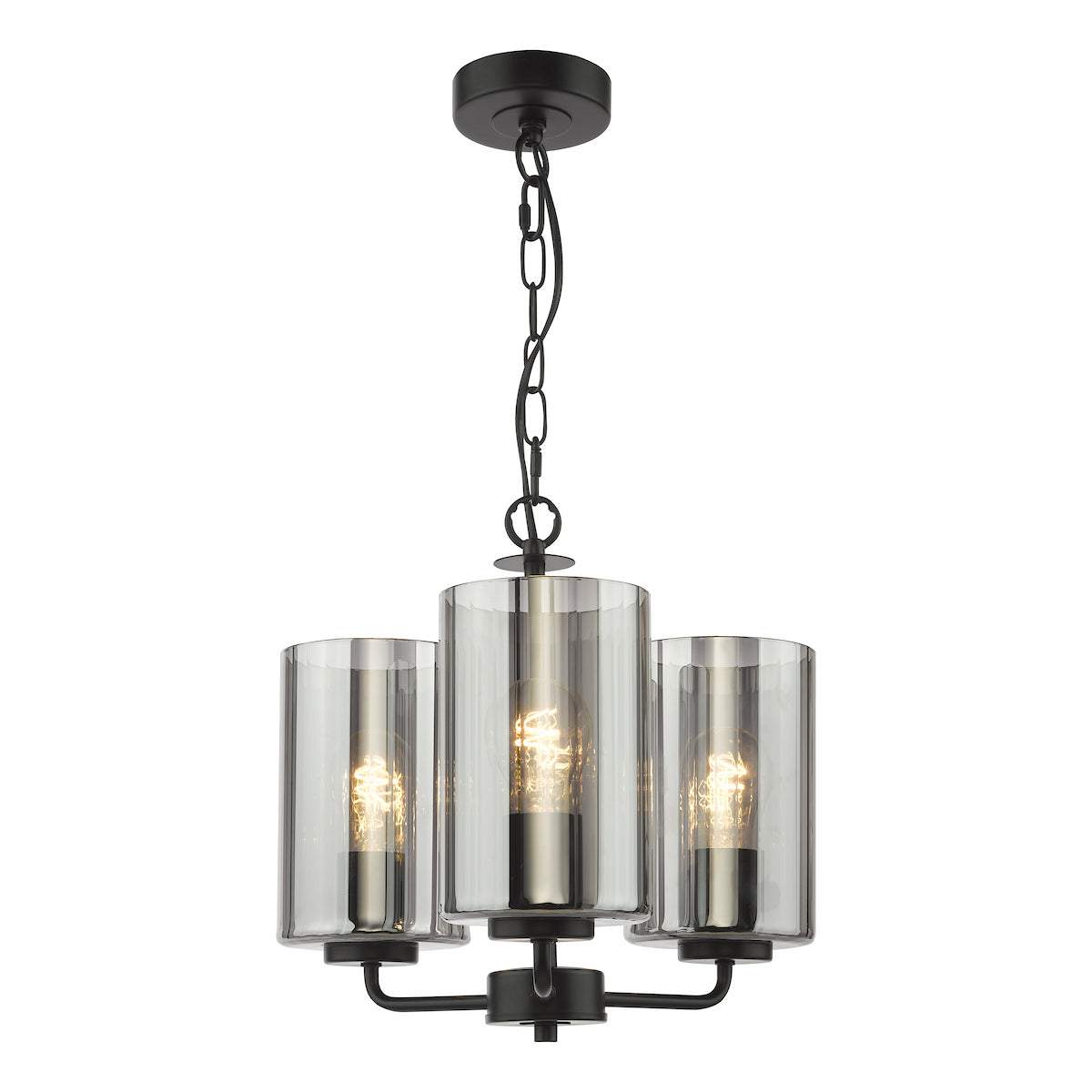 Dar Daylin 3 Light Pendant Satin Black and Smoked Ribbed Glass