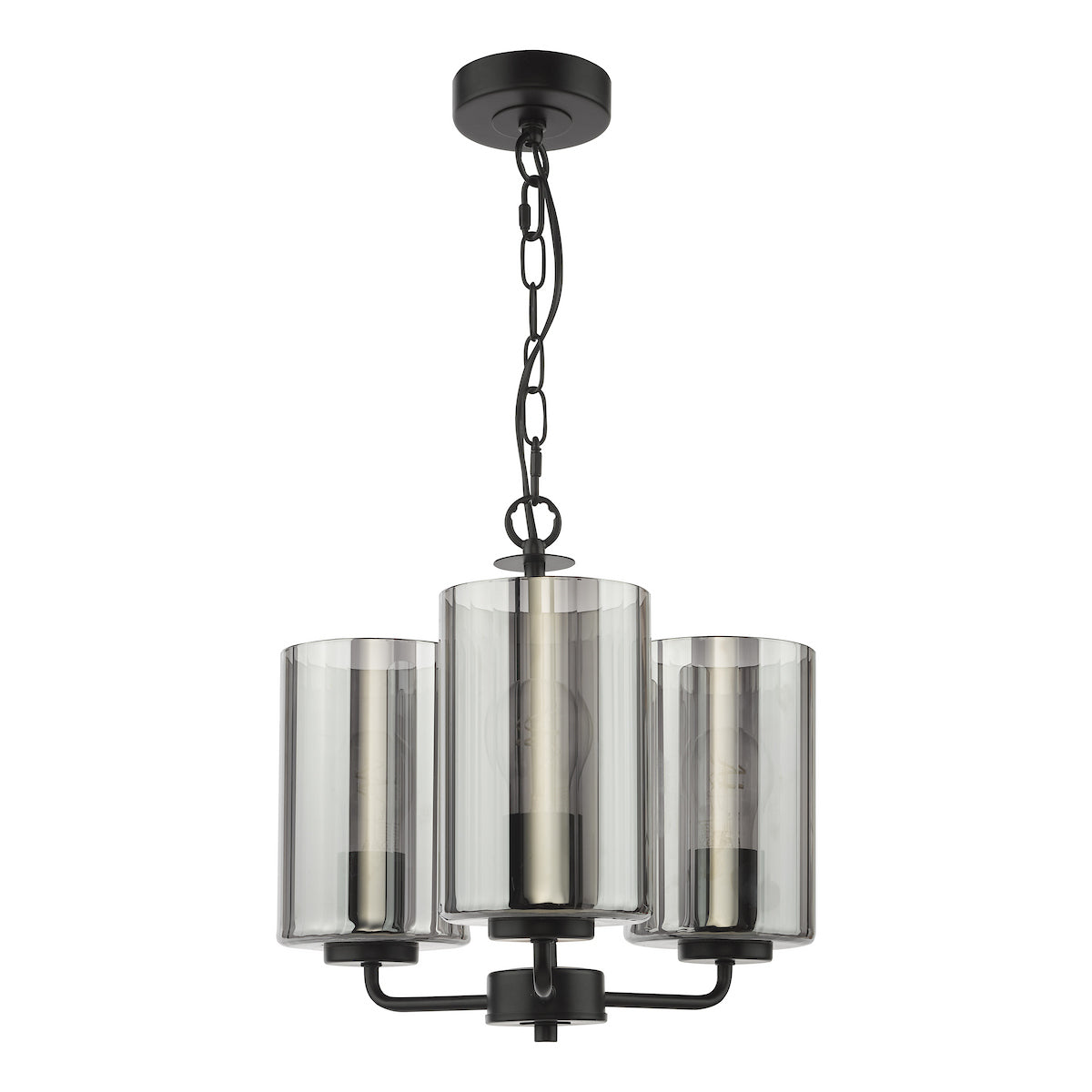 Dar Daylin 3 Light Pendant Satin Black and Smoked Ribbed Glass