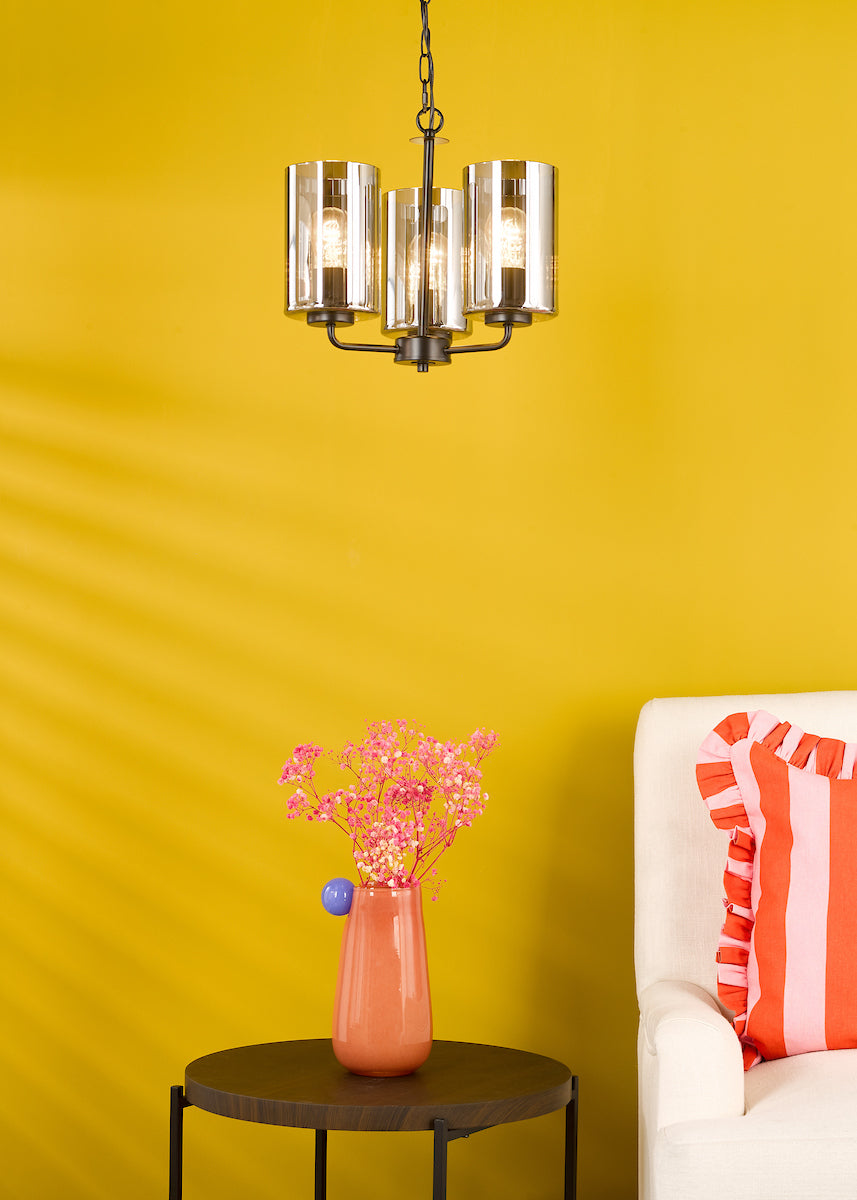 Dar Daylin 3 Light Pendant Satin Black and Smoked Ribbed Glass