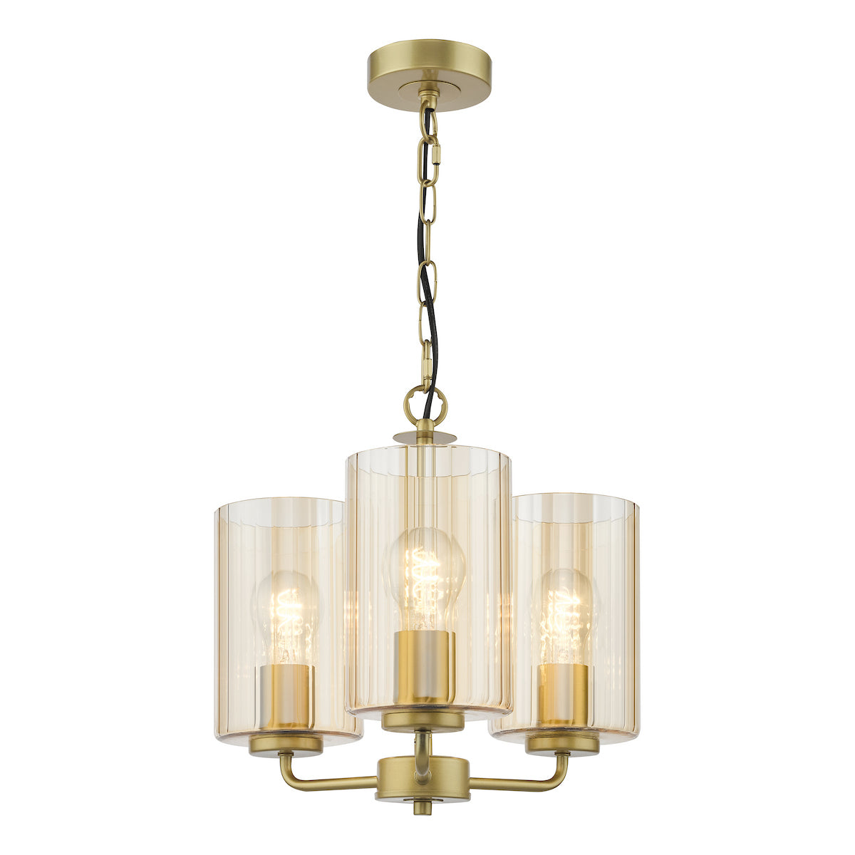 Dar Daylin 3 Light Pendant Satin Gold and Amber Ribbed Glass