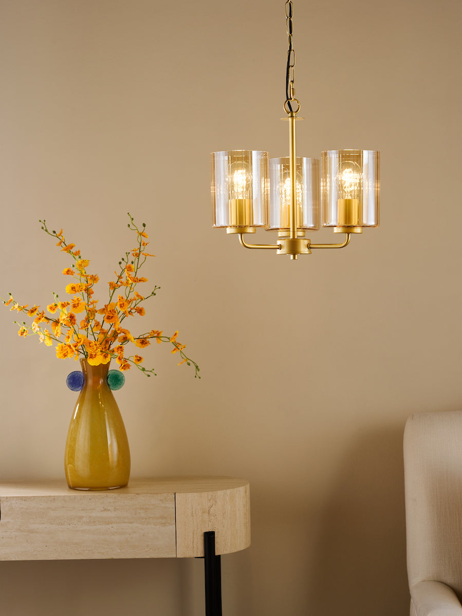 Dar Daylin 3 Light Pendant Satin Gold and Amber Ribbed Glass